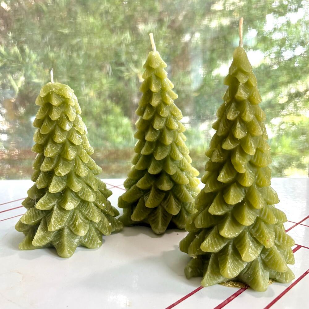 Green Christmas Tree Candles Set of 3 Woodland Holiday Decor